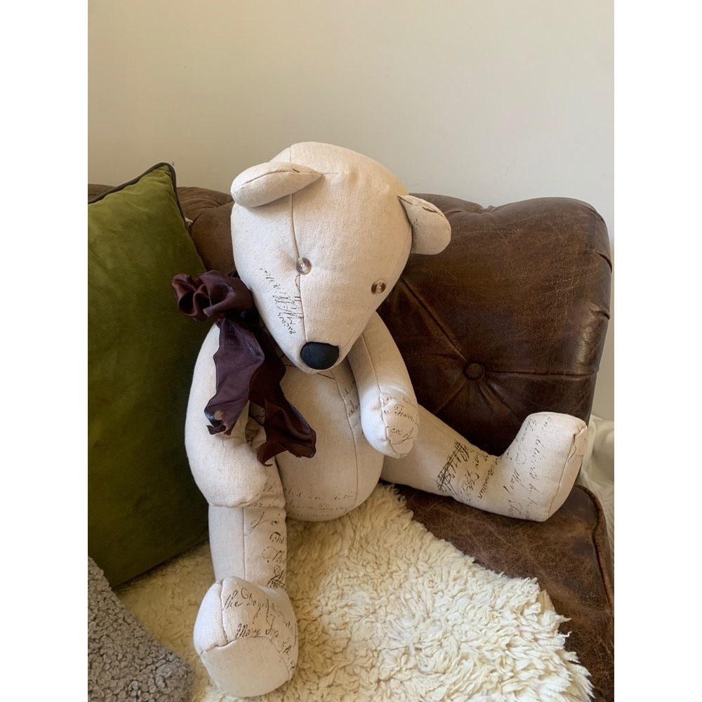 Ballard Designs Script Print Linen Decorative Teddy Bear Vintage Style Cream